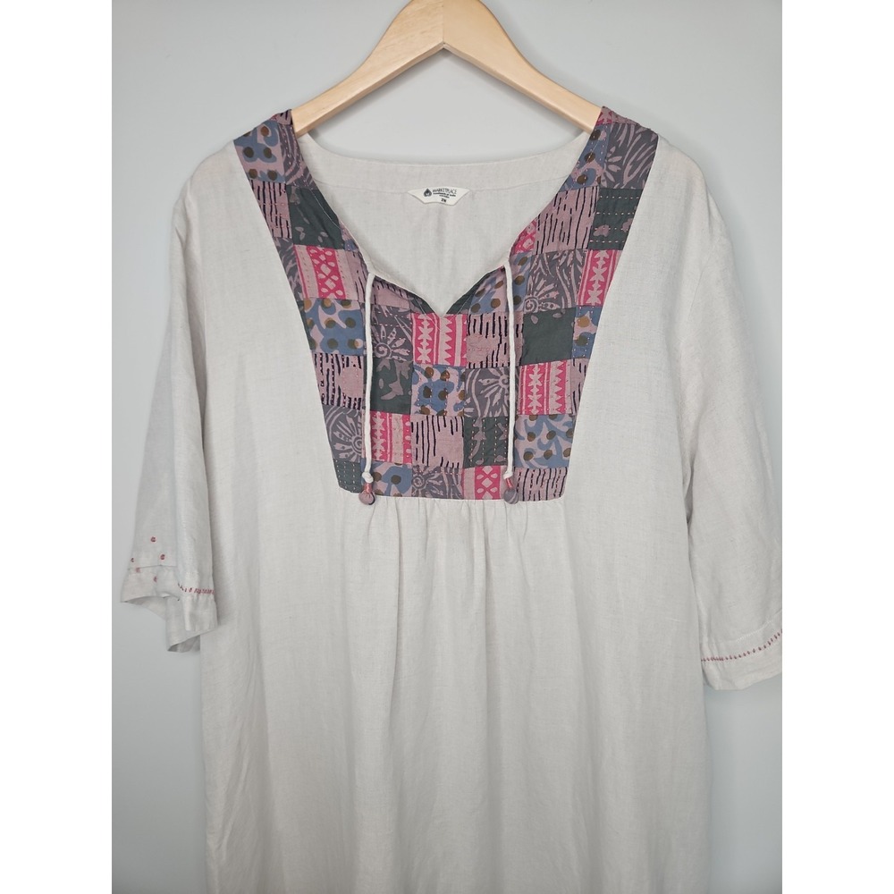 Marketplace India Dress 2W Maxi Tan Patchwork Embroidered Boho Prairie Tassels - Picture 2 of 16